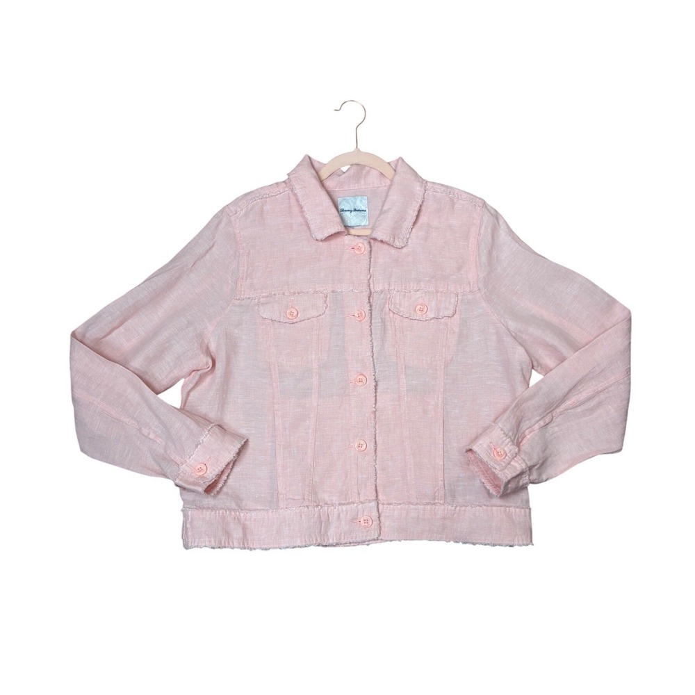 Tommy Bahama Pink 100% Linen Raw Hem Button Front Trucker Jacket TW510640